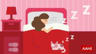 Cartoon of a woman and a cat sleeping peacefully in bed