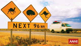 Road signs in the outback with a van driving past