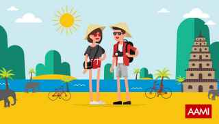 Cartoon image of two people on a beach holiday