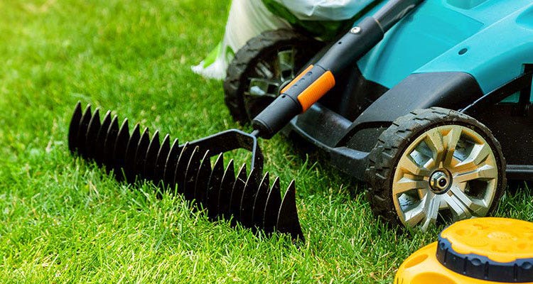 Gardeners rake on bright green lawn placed on top of a lawnmower.