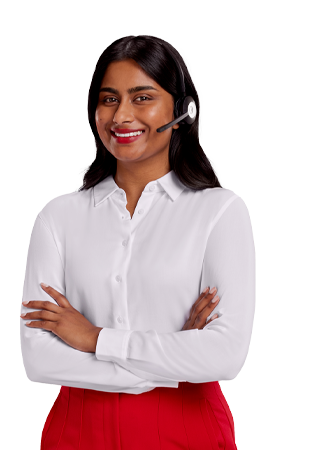 Professional woman wearing a headset has her arms crossed and is smiling