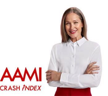 AAMI woman with white collared shirt has arms crossed and is smiling beside the words &#39;AAMI Crash Index&#39;