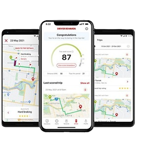Three smartphones showing Driver Rewards screens in the AAMI App