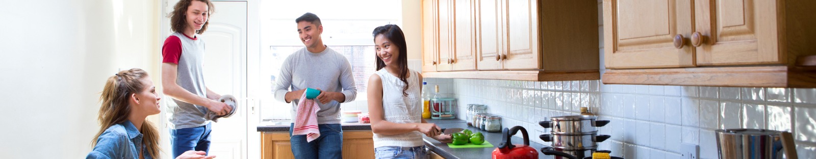 Group of young people standing in the kitchen