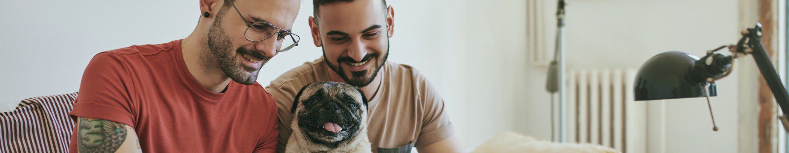 Two men on couch with dog smiling at computer