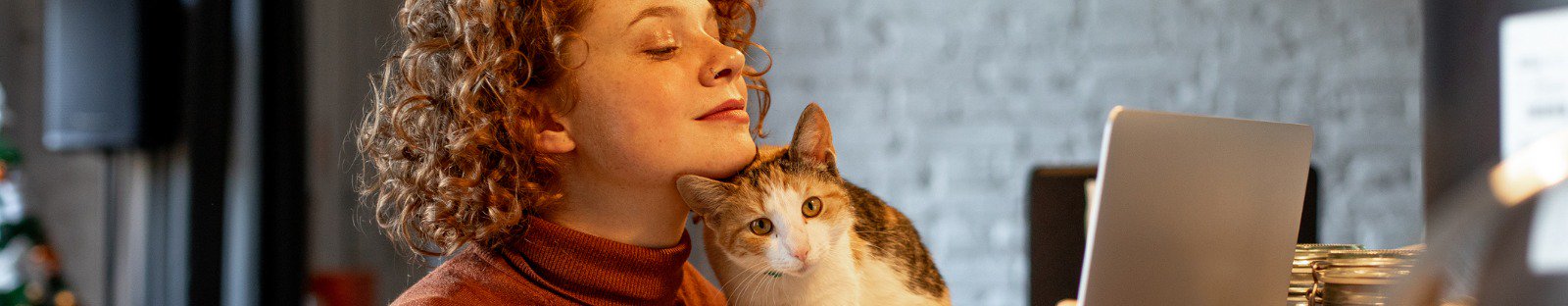 Woman working at laptop with cat