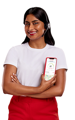 AAMI Woman holding a smartphone showing the AAMI App and smiling