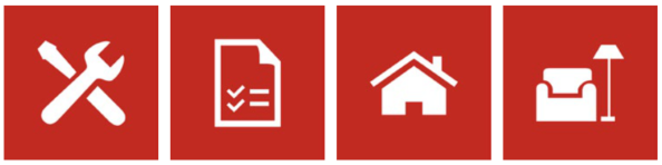Four red squares, each with a white icon inside. The first is a spanner, the second is a policy checklist, the third is a house, the fourth is a chair beside a floor lamp