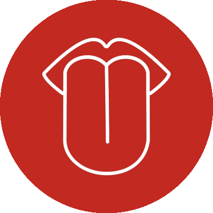 White mouth with tongue out icon in a red circle