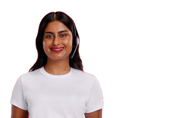 Smiling woman with dark brown hair wearing a headset and a white t-shirt