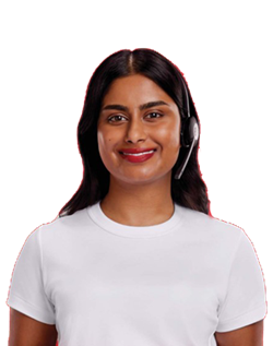 Smiling woman with dark brown hair wearing a headset and a white t-shirt