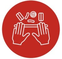 White hands icon in a red circle