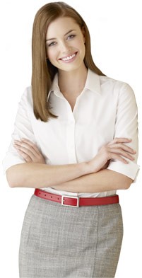 Smiling woman in with arms folded wearing a white shirt and a red belt