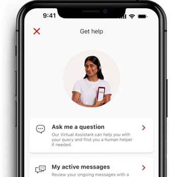 Mobile phone showing AAMI app displaying on screen the virtual assistant profile avatar within the &#39;get help&#39; app section with the ask question link and active messages link.