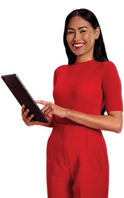 Professional woman is smiling while using an iPad