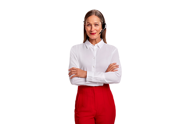 Woman wearing headphones with her arms crossed and smiling