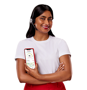AAMI Woman wearing a headset smiling and holding a smartphone showing the AAMI App
