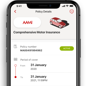 AAMI Motor Insurance policy details screen on smartphone
